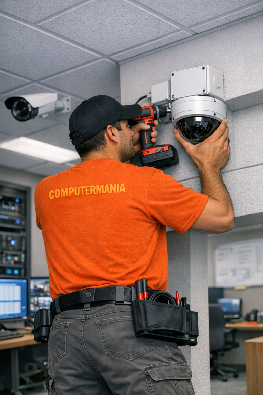 Técnico instalando una cámara de seguridad