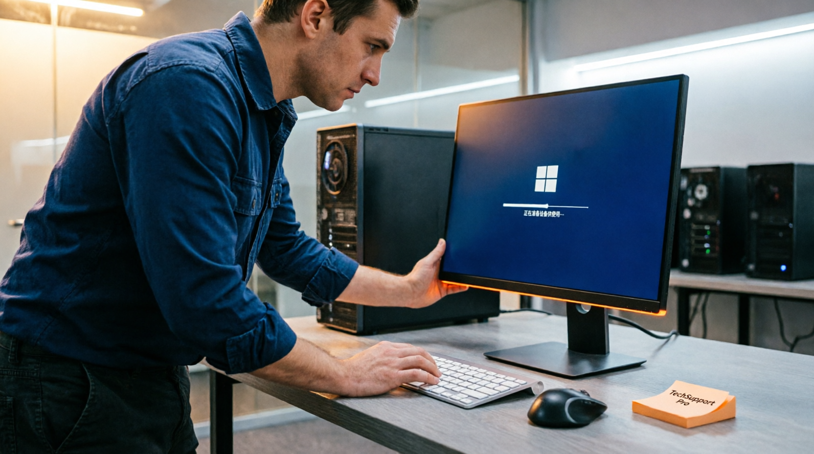 Técnico instalando y configurando Windows en ordenador