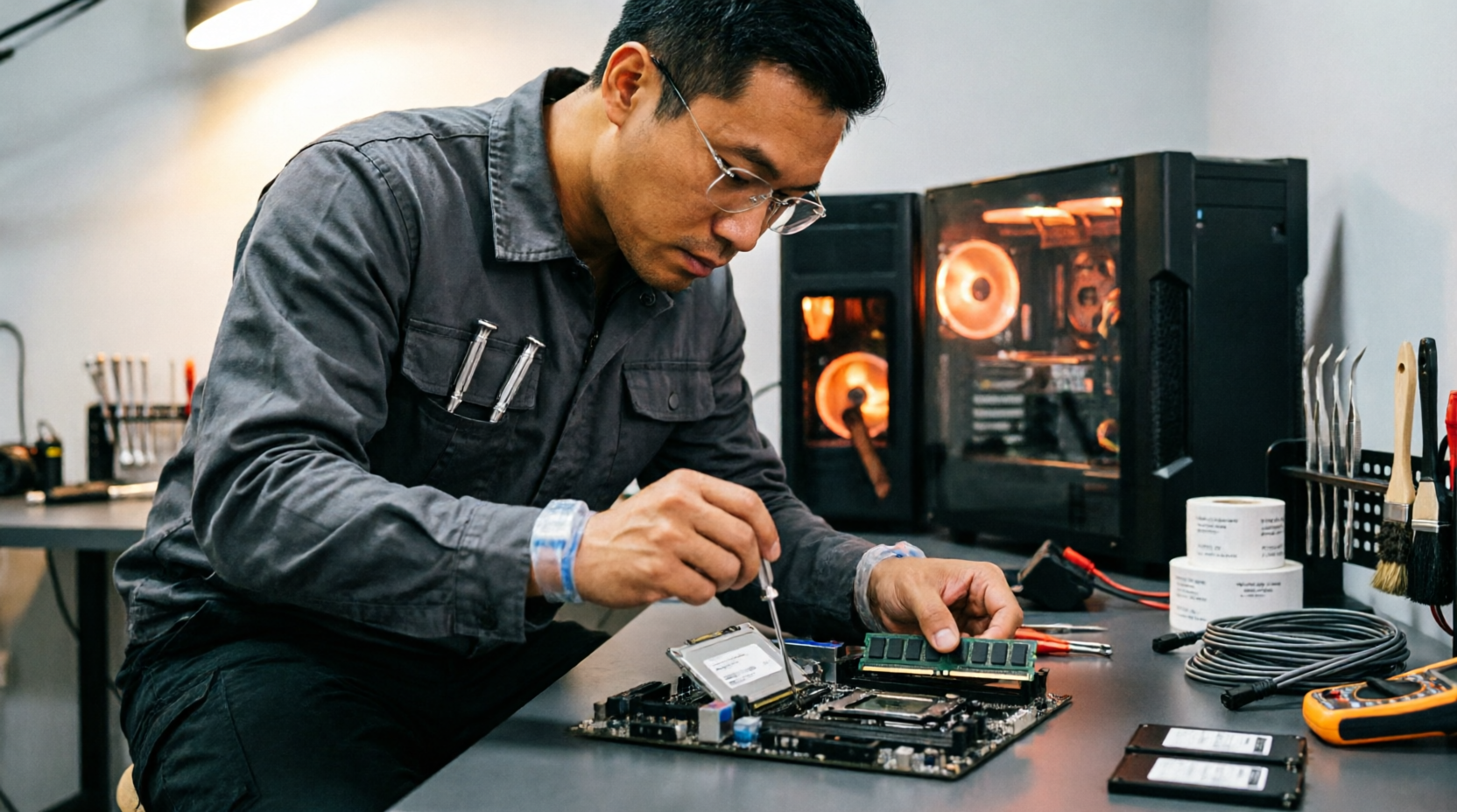 Técnico optimizando y ampliando sistema operativo de ordenador
